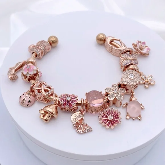 Linx Rose Gold Stainless Steel Open Bangle with Pink Themed Charms